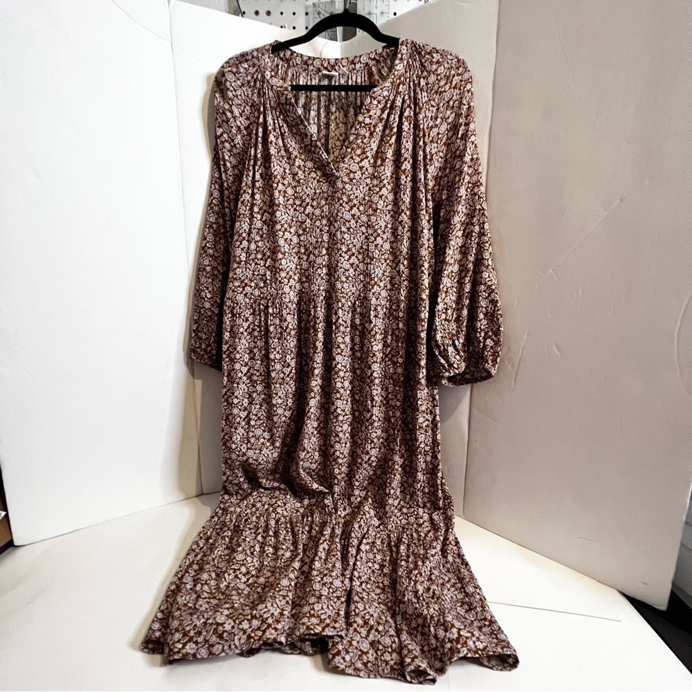 GAP Splitneck Midi Dress, Size XL, Brown Ditsy Floral, Tie Waist